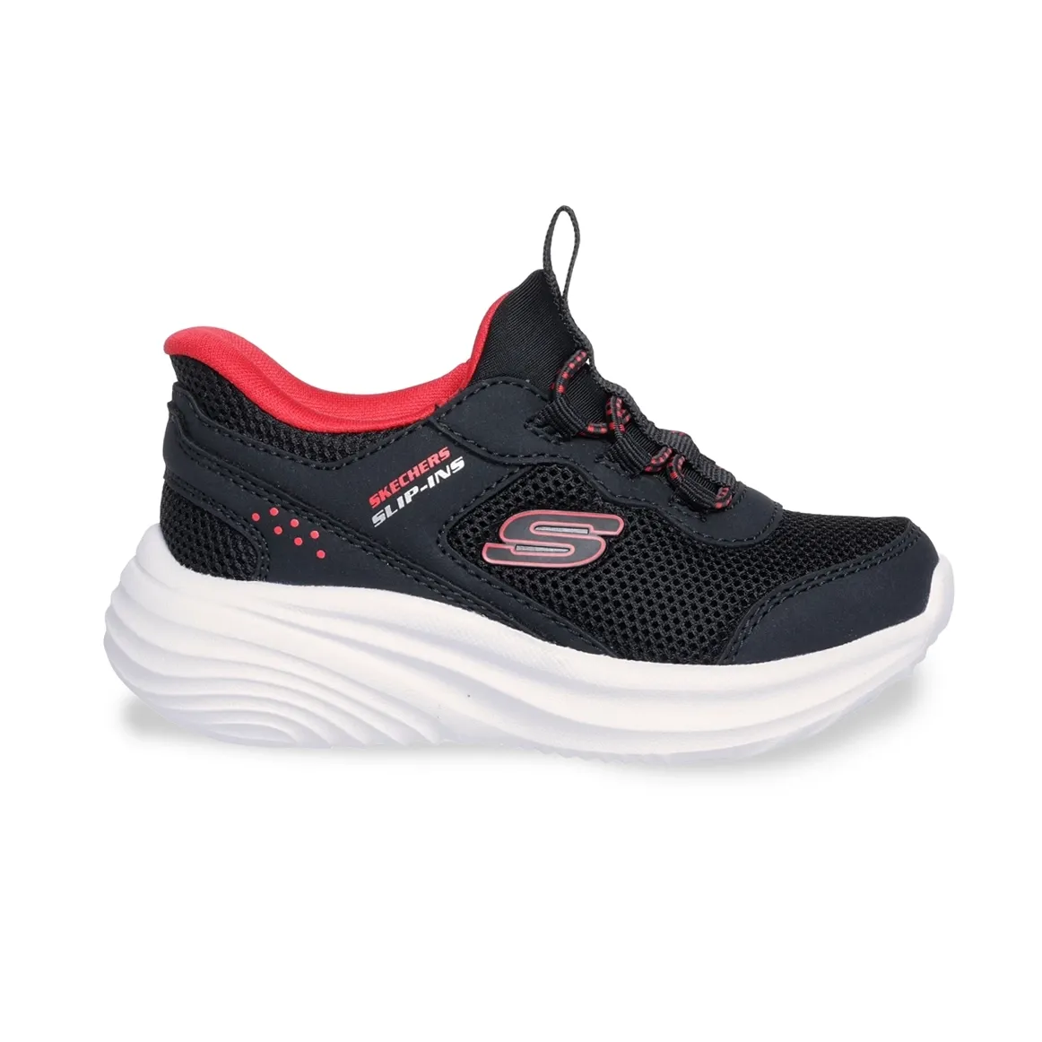 Tênis infantil Skechers Slip-ins preto com detalhes em vermelho, design slip-on com cadarço elástico e sola branca com relevo
